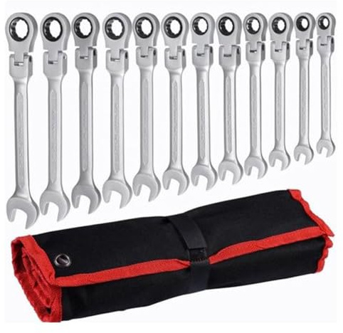 Juego de llaves de trinquete de 14 piezas, 8-24 mm, juego de llaves mixtas de trinquete métricas, llaves de tubo de cabeza flexible, llaves mixtas en estuche enrollable, hecho de acero al cromo