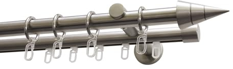 GARDINIA Gardinenstangen-Set Kegel, 2-läufig, Komplettstilgarnitur inkl. Befestigungsmaterial, Ø 20 mm, Metall, Edelstahl-Optik, 200 cm