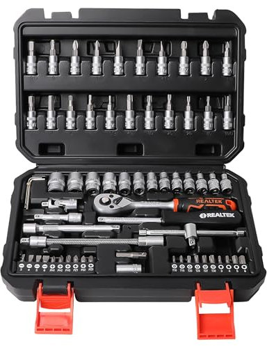 REALTEK Steckschlüsselsatz 66-teilig, 1/4 Steckschlüssel-Satz, Knarrenkasten, Werkzeugkoffer Mit Ratschen, Steckschlüssel und Bitsatz, Cr-V Ratschenschlüssel Set für Fahrrädern und Autos