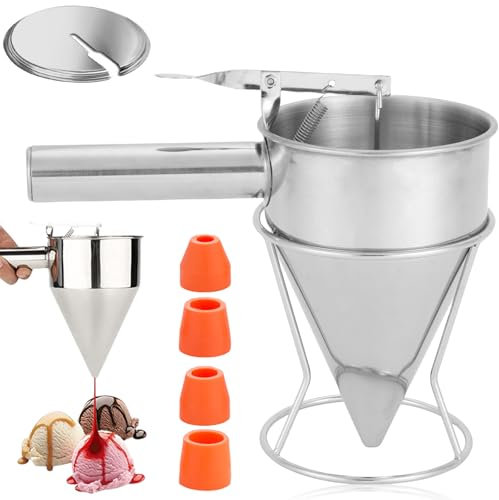 Pfannkuchen Teigspender Teigportionierer, 1200ml Edelstahl Kuchenspender mit Deckel & 4 Ersatzdüsen Batter Trichter-Spender mit Ständer Kolbentrichter Backtrichter Kochwerkzeuge