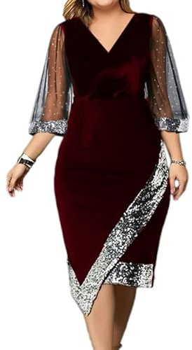 THINCAN Vestido de terciopelo para mujer, vestido de cóctel de corcho, vestido de tul de terciopelo, manga 3/4, manga de malla, lentejuelas, vestido de noche, cuello en V, vestido de fiesta, granate,