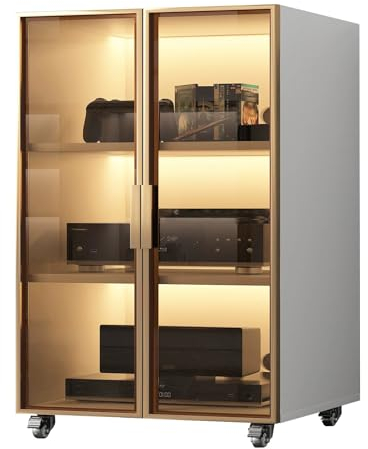 YHWKGZ Audio Rack Hi Fi Regal, 2/3-lagiger Hi Fi Rack, Verschiebbar, Mit Verstellbarer Regalhöhe, Phonoschrank mit Glastür, Record Player Stand for Zuhause/Büro/Kino(Gray,21.2x40.1/54x102cm)