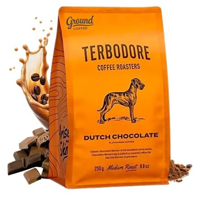 Terbodore | Dutch Chocolate Ground Coffee, 250g Bag, Medium Ground Arabica | for French Press, Aeropress, Filter, No Added Sugar, Hot or Iced, Made for Home & Café, Chocolate Flavoured Ground Coffee