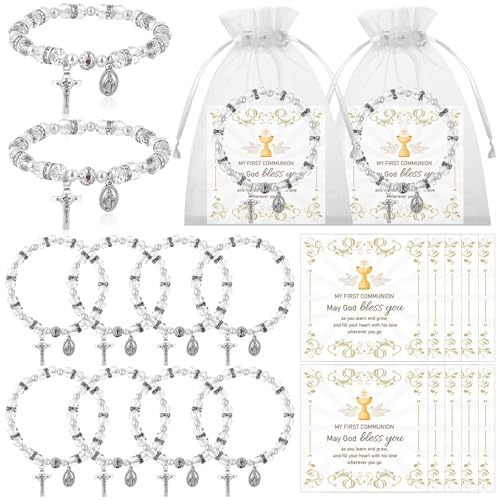 12 Sets First Holy Communion Gifts for Girls Religious Rosary Bracelets with Prayer Cards Organza Bags Pearl Catholic Bracelet with Cross Charm for Easter Baptism Confirmation Christening Party