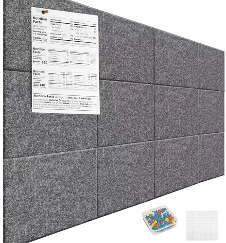 Filz-Pinnwand, 12 Stück, große Korktafel für Wände, 120 x 90 cm, Pinnwand mit 80 Pinnnadeln, Pinnwand, Wandfliesen für Büro, Zuhause, Korktafeln, Alternative für Fotos, Memos, Dunkelgrau