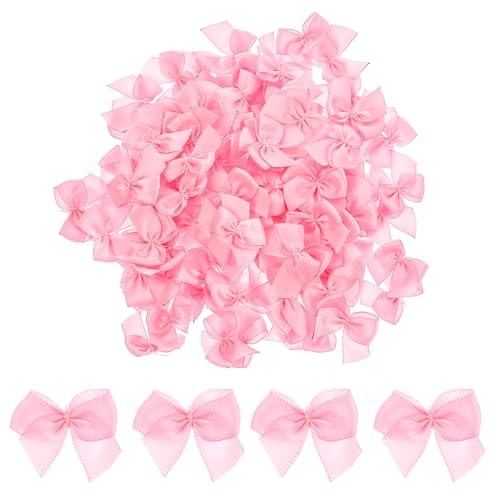 HJZHII 100 stycken satinrosetter, 3 x 2 cm små satinband bågar för gör-det-själv hantverk blommor applikationer bröllop dop nattvardsgång spridd dekoration och dekorationsprojekt (rosa)