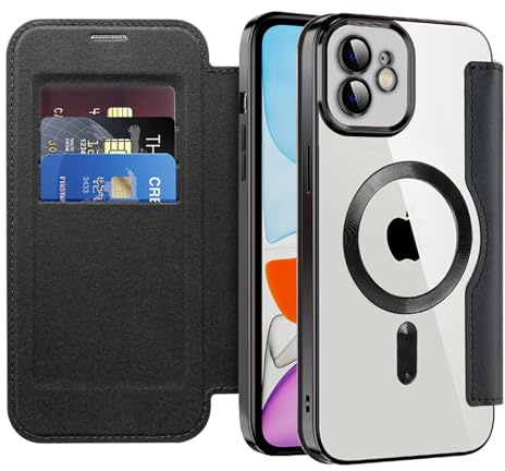 IMEIKONST Cover Magnetica per iPhone 11 con Slot per Carte, [Compatibile con MagSafe] [Blocco RFID] Custodia in Pelle PU Portafoglio Flip Trasparente Case per iPhone 11. Nero JDCX