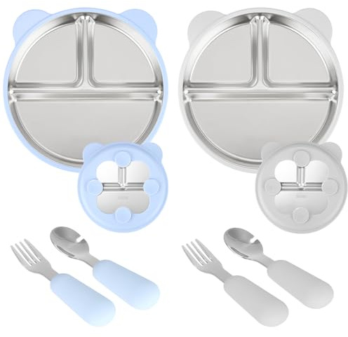 Woxovo 2 Piezas Platos de Acero Inoxidable con Ventosa, Platos Divididos Con Ventosa de 2 Cucharas y Tenedores, Platos divididos para niños con Cubierta de Silicona removible, Sin BPA