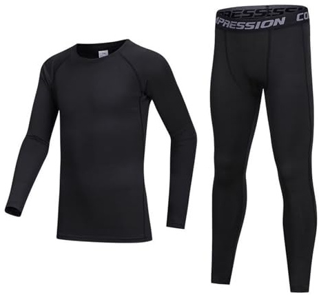 Guoegh Kids Base Layers sets Boys Football Sport Skins Warm Thermal Baselayers Sets Long Sleeve Top & Legging for Children(Black,9-10 Years)
