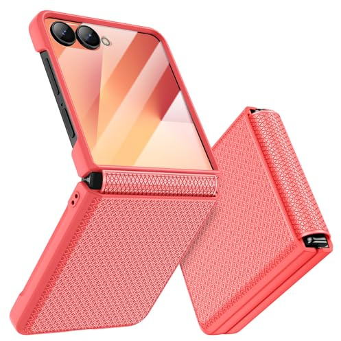 Doeshine für Samsung Galaxy Z Flip 7 Hülle [Not für Flip 7FE] mit Scharnierschutz & Displayschutzfolie, Rutschfester Textur, Hard PC Militär Stoßfest Schutzhülle Kratzfest Rugged Cover (Korallenrot)