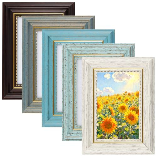FUNSUEI 5 Stück 10x15cm Vintage Bilderrahmen, 5 Farben Holzrahmen Rustikal, Fotorahmen für Wohnzimmer und Schlafenzimmer