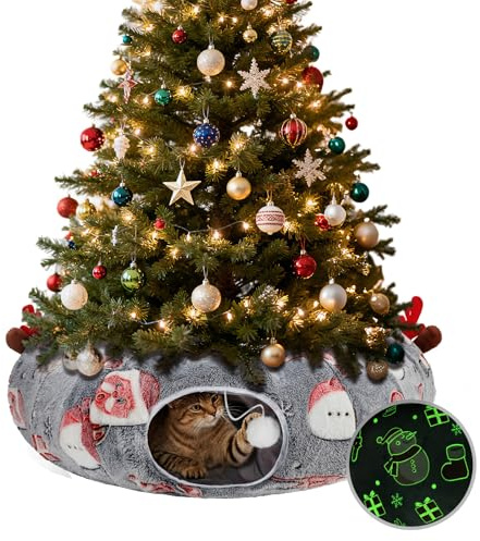Mfsdai Katzentunnel unter Dem Weihnachtsbaum Faltbarer Katzen-Donut-Tunnel mit zentraler Matte und Baumelnden Bällen Selbstleuchtende, Flauschige Plüsch-Katzenhöhle für Haustiere und Kleintiere