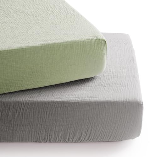 TILLYOU Musselin Spannbettlaken 2er Set Bettlaken Kinderbett 70x140 cm 100% Baumwolle Spannbettlaken Baby, Grau & Grün