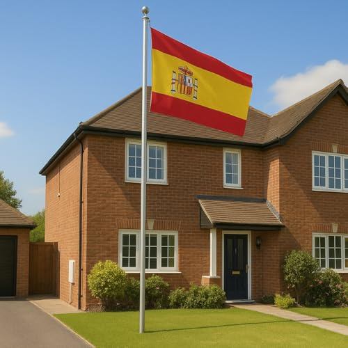 20FT Heavy Duty Aluminium Sectional Flagpole Kit with 5X3FT Spain Flag – Outdoor Set with Gold Ball Topper, Rope & Clips – Weather-Resistant Display for House, Garden & Yard