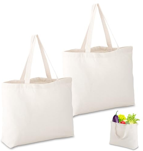 Cunegra 2 Stück Baumwolltasche, Unbedruckte Einkaufstasche Groß, Stoffbeutel für Lebensmittel und Bücher, Nachhaltige Tragetasche für Einkauf, Arbeit, Alltag, 45x35cm