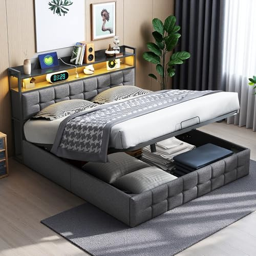 Aneutr Letto baule 160 x 200 con contenitore, letti idraulici con LED e USB, letto matrimoniale imbottito con letti 2 posti con rete a doghe in legno per adulti e adolescenti, lino (grigio, 160 x 200)