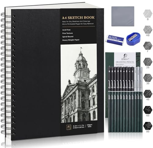 A4 Skizzenbuch Set, Zeichenbuch 160g/m² Skizzenpapier zum Zeichnen mit 12 Skizzenstifte 2 Radiergummis 1 Anspitzer für Künstler Kinder Studenten (40 Blatt/80 Seiten)
