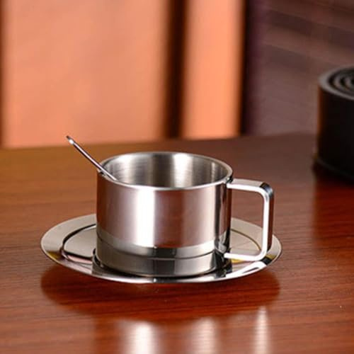 Set di tazze da caffè isolate a doppia parete in acciaio inox 304, con piattino e cucchiaio abbinati, resistente alla ruggine e facile da pulire