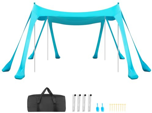 VEVOR Tenda da Sole Portatile da Spiaggia Parasole Portatile da Spiaggia Protezione Solare UPF 50+ Capienza ca. 4-7 Persone, Parasole con Pali di Supporto Sacchi di Sabbia per Viaggio Campeggio, Verde