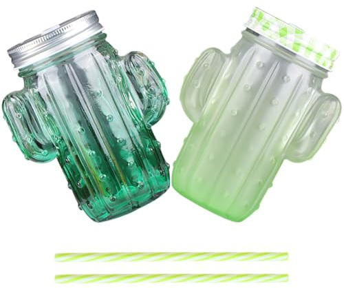 JECOMPRIS Lot de 2 Sets de Gobelets en Verre Transparent Forme de Cactus Pailles Réutilisables, Tasses à Boisson Festive 350ml, Couvercles Inclus, pour Jus, Couleur Aléatoire