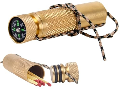 Metal Match Storage Box - Outdoor Survival Case, Portable Brass Container, Keychain, Secure Pill Holder, Earplug , Toothpick Tube, Ang