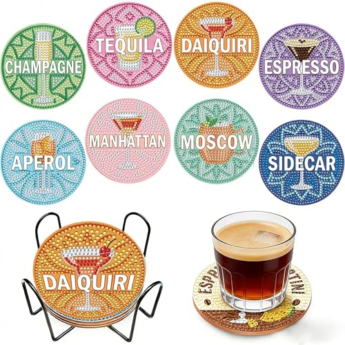 8 Stück Cocktai Diamond Painting Untersetzer Mit Halter,Diamant Tassenuntersetzer Cocktai Diamond Painting Erwachsene & Kinder,Basteln Diamont Painting Geschenk Für Mama Und Papa