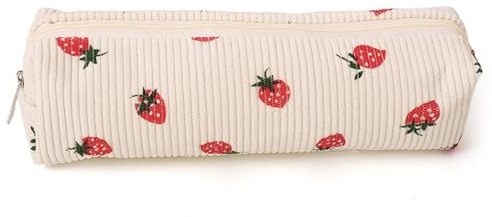 Gsrhzd Federmäppchen, Cord-Stoff Mäppchen, Süße Erdbeere Federmappe, Modisch und Schlicht Federtasche, für Mädchen Schule Büro Teenager Damen, Beige