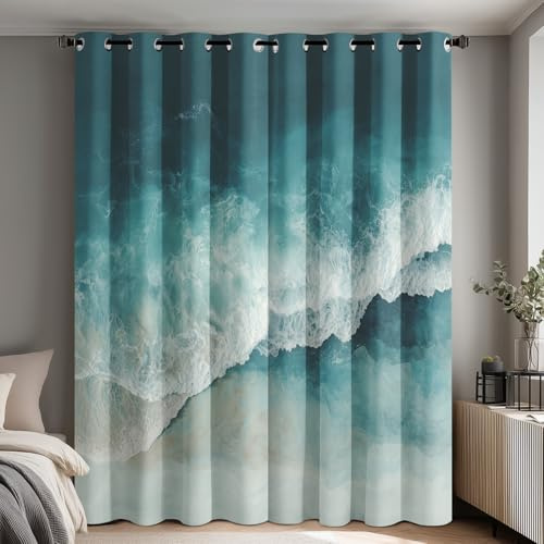Generisch Strand Vorhänge Wohnzimmer, Verdunklungsvorhänge Meer Ozeanwelle mit Ösen, Vorhang Blickdicht mit Muster, Gardinen für Wohnzimmer Deko 2er Set, H 137 X B 117 cm B-D137