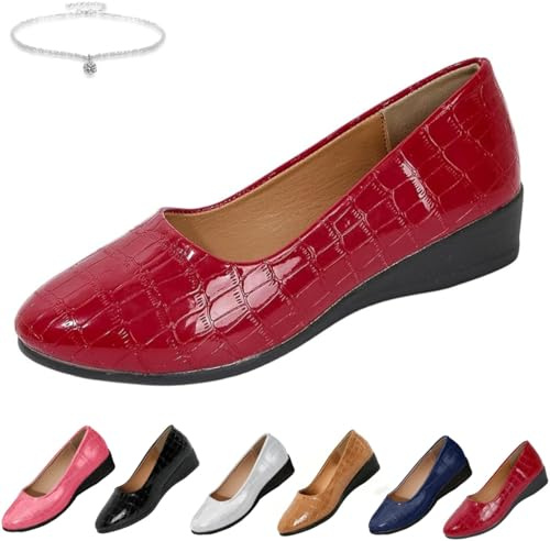 Escarpins orthopédiques en cuir à talon compensé bas pour femme - Ballerines confortables et antidérapantes à bout fermé - Chaussures de bureau légères et intelligentes, Rouge, 39 EU