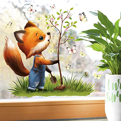 Wandtattoo Loft Image de fenêtre Motif renard, papillons (1027)