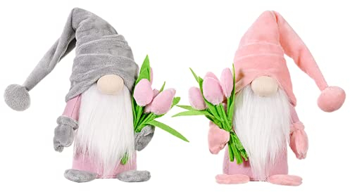 Super Idee Stehende Niedliche Wichtel mit tulpen Blumensträuße Süßer Zwerg Wichtel Figuren Geschenk für Frauen Mama Hochzeitstag Freundin Ehefrau Muttertag Dankeschön Maße 37 x 8 x 6 cm (Rosa+Grau)