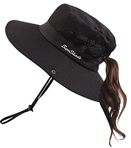 Pesaat Sonnenhut Damen UV Schutz Fischerhut knautschbarer Wasserfester Sommerhut mit Kinnband gartenhut Boonie hat damenfür Gartenarbeit Reisen Wandern Angeln (Schwarz-Einfarbig, Gr.Erwachsener)