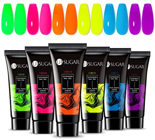 UR SUGAR Neon Extension Gel Nail Set, 6 Colours Halloween Extension Acrylic Nail Gel Builder Kit Hot Pink Neon Yellow Orange Green Blue Colours Gift Box for Women