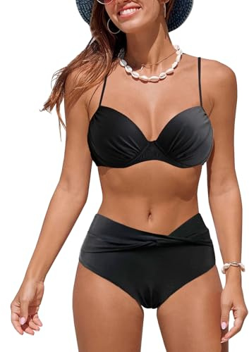JFAN Costume Donna Due Pezzi Bikini A Vita Alta con Increspature Stampate Push up Costumi da Bagno Donna Mare Nero L