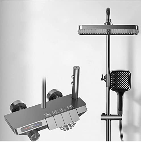 Ksunun Thermostatisches Duschsystem, an der Wand montierter Regenduschkopf mit Ablage, 4-Funktions-Regenduschsystem, Duscharmatur-Sets mit verstellbarer Gleitstange und Duschventil, grau Interesting