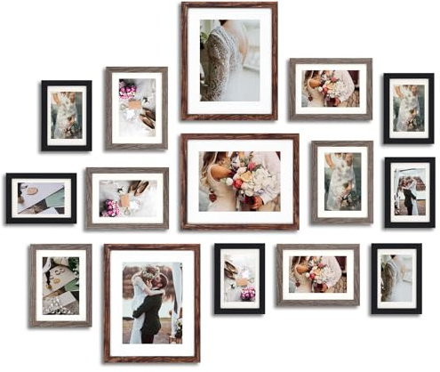 Fixwal Picture Frames Set, Gallery Wall Frame Set Picture Frames Collage 15 Pack for Wall or Tabletop with 8x10 5x7 4x6 Frames, Rustic Picture Frames in 3 Different Finishes