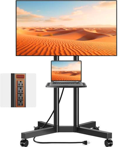 TVON Rolling TV Stand with Power Outlet for 32-75 Inch LCD LED OLED Flat Curved Screen TVs up to 88 lbs, Portable TV Stand on Wheels and Height Adjustment Max VESA 400x400mm