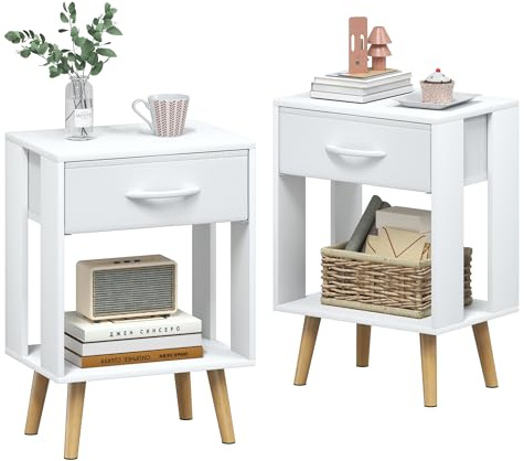 OYRREU Nachttisch 2er Set Weiß mit Schublade, offenem Fach & Metallrahmen | 40x30x60,3cm|Nachtschrank 2er Set|Holzbeine|45kg Tragkraft|Montage in 30 Min |Schlafzimmer/Wohnzimmer |Nachtkästchen