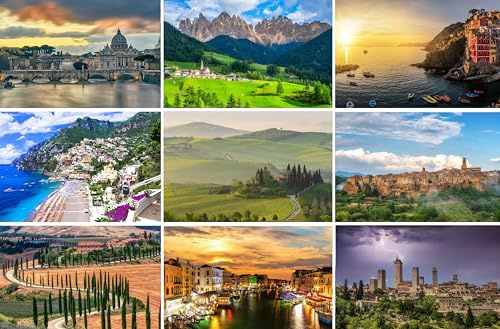 Set di cartoline Italia: 9 carte singole (cartoline) - motivi fotografici tra cui Toscana, Roma, Venezia, Alto Adige, Cinque Terre, Costiera Amalfitana, Dolomiti - Foto/Immagini/Souvenir