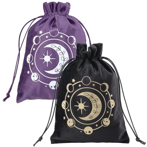 CREATCABIN 2Pcs Tarot Cards Storage Bag Drawstrings Pouches for Tarot Decks, Jewelry, Crystals, Dices, Runes, Altar Gift 5x7Inch Black Purple Phase of the Moon Velvet