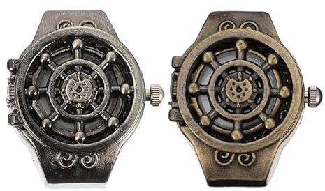 OATIPHO 2 Pcs Retro Finger Ring Watch - Nautical Rudder Design Jewelry for Men Women Creative Analog Clock Small Flip Decorative Fashion Accessory Yellow White 0.98 x 0.79 in