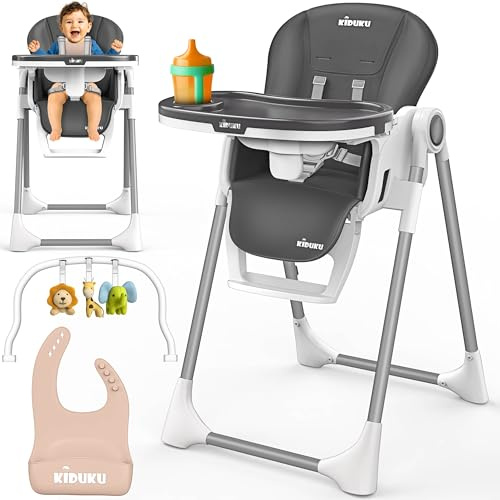 KIDUKU® Hochstuhl Baby 3in1 mit Neugeborenenaufsatz + Lätzchen, Spielbogen & Tisch | Kinderhochstuhl klappbar mit Liegefunktion | Kombihochstuhl höhenverstellbar | Babystuhl mitwachsend 0-36 Monate