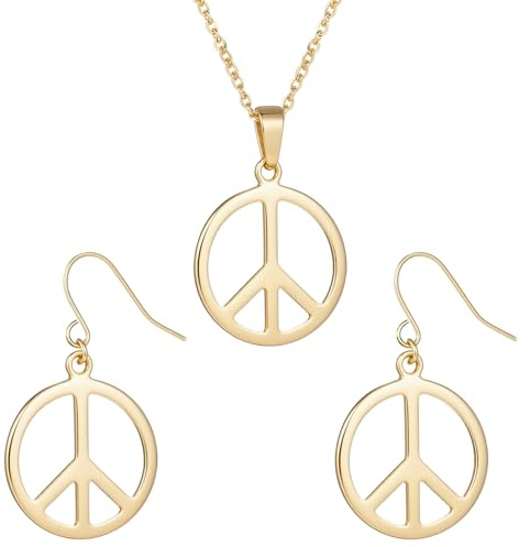 CHONGQILAO Gold Peace Kette und Ohrringe, Hippie Schmuck Set mit Peace Halskette Frieden Ohrringes, Halskette Frieden Hippie Ohrringes für Damen Herren, Kette Ohrringe Peaces für Mottoparty