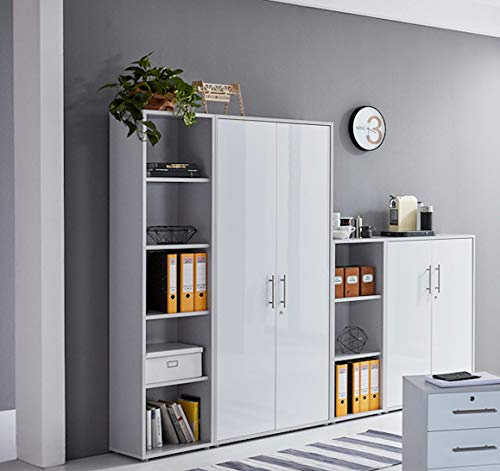 Aktenschrank TABOR 4 – Büroschrank abschließbar, Mehrzweckschrank für Büro, Ordnerschrank mit viel Stauraum, Korpus lichtgrau Front weiß Hochglanz