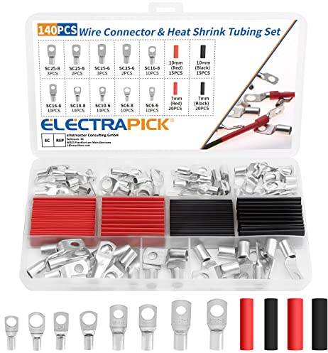 electrapick 70tlg Rohrkabelschuhe & 70tlg Schrumpfschlauch Ringklemmen, Verzinntes Kupferklemmen mit 8 Größe, 6mm² 10mm² 16mm² 25mm², M6 M8