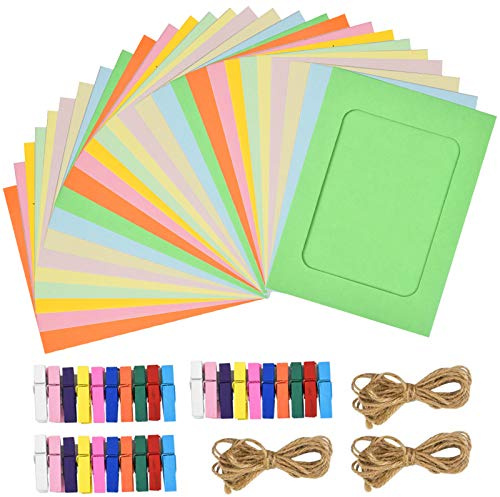 Pinsheng 30 Stück Papier Fotorahmen, Papier Bilderrahmen 6 x 4 Zoll Bildmatten mit Mini-Holzklammern und Schnur hängenden Pappe für Home School Office Wandparty Dekoration (10 Farben)