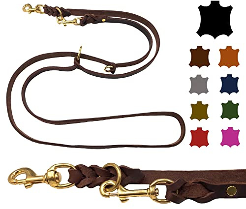 Hundeleine Fettleder Messing kleine Hunde/große Hunde 2m / 2,40m / 2,80m / 3,50m / 5m Doppelleine verstellbar (2m X 12mm, Dunkelbraun)