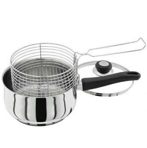 TRTO 3pc 20cm Chip Pan Pot Lid & Basket Set Stainless Steel Deep Induction Fryer