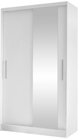 Armoire Margite VI avec miroir, tringle à vêtements et 5 compartiments, armoire à portes coulissantes, armoire de couloir, armoire à planches, armoire à portes coulissantes (blanc)