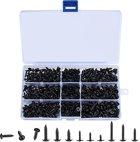 540 Pcs Cross Truss Head Self Tapping Screws, M2.3/M2.6/M3 Black Pan Head with Washer Screws, Self Drilling Carbon Steel Wood Screw Assortment Kit
